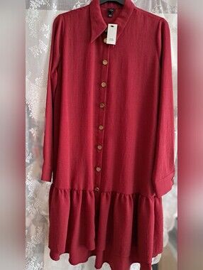 River Island Burgundy Long Sleeve Button-Down Tiered Dress